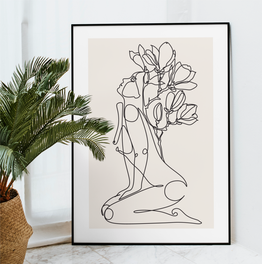 Lady Floral Head Full Body - Line Art